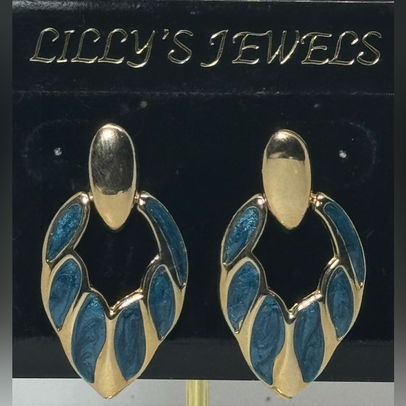 Vintage Gold & Blue Enamel Drop Earrings by Lilly’s - Classic & Elegant Design - Picture 1 of 7